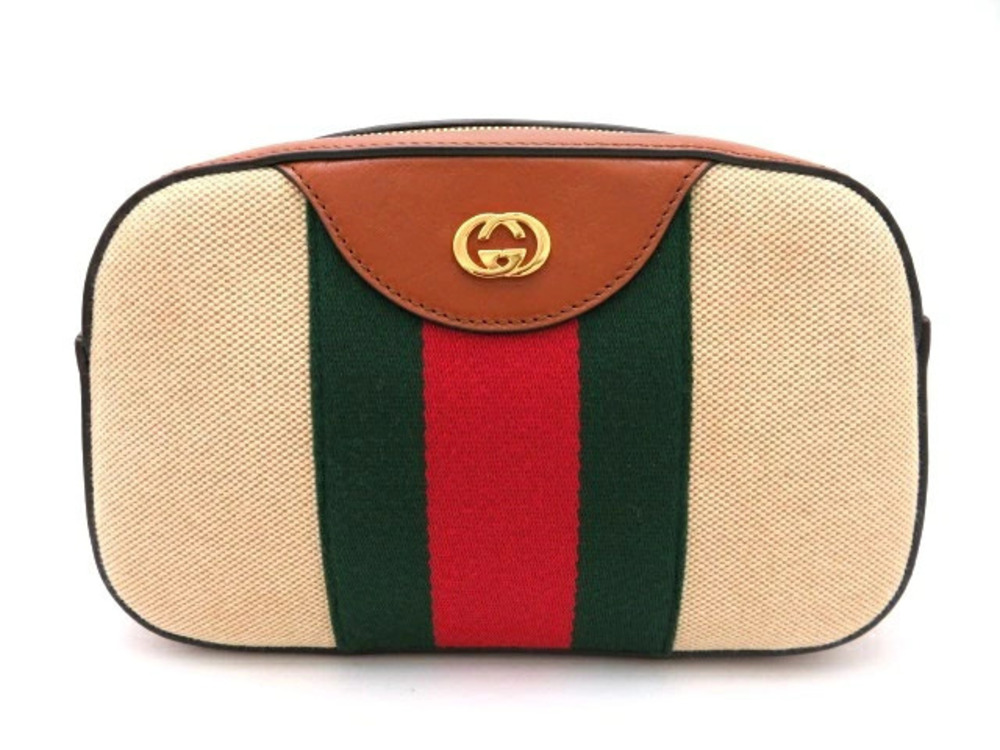 Gucci Canvas Shoulder Bag Beige Cream Brown